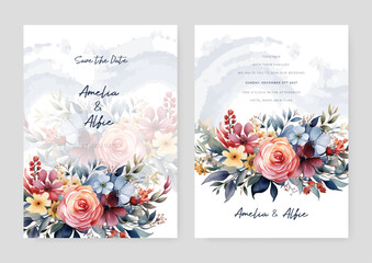 Colorful colourful rose and peony artistic wedding invitation card template set with flower decorations
