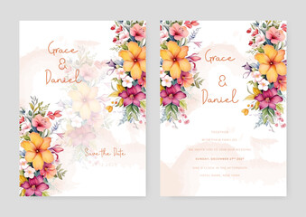 Fototapeta na wymiar Colorful colourful peony elegant wedding invitation card template with watercolor floral and leaves