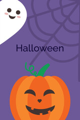 Halloween card with ghost and pumpkin. Vector illustration concept for Halloween banner, posters, cards.