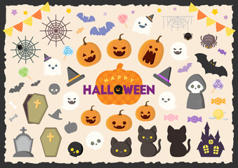 ハロウィンのイラストセット、秋のデザインに便利なhalloweenのアイコンセット。