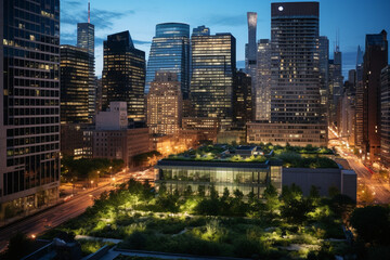 The Sustainable Metropolis: A City's Commercial Hub at Twilight, Each Building a Glowing Beacon of Sustainability with Lush Green Roofs