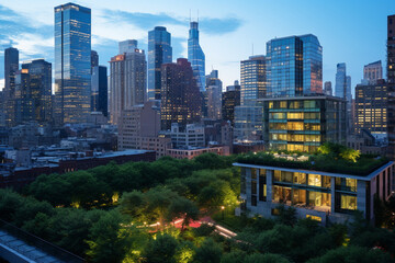 Fototapeta premium The Sustainable Metropolis: A City's Commercial Hub at Twilight, Each Building a Glowing Beacon of Sustainability with Lush Green Roofs