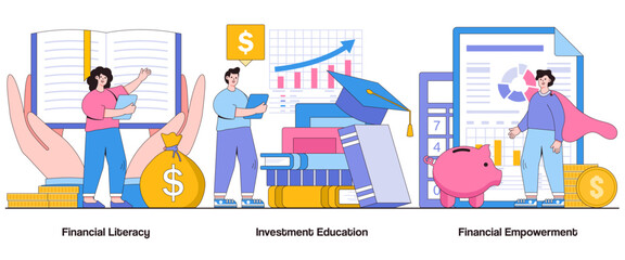 Financial literacy, investment education, financial empowerment concept with character. Financial education abstract vector illustration set. Budgeting skills, investment knowledge metaphor