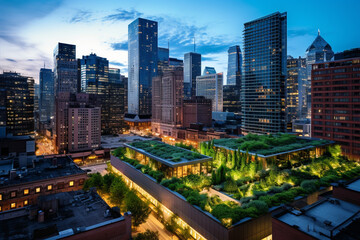 The Sustainable Metropolis: A City's Commercial Hub at Twilight, Each Building a Glowing Beacon of Sustainability with Lush Green Roofs