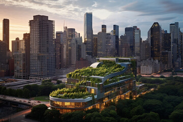 Fototapeta premium The Sustainable Metropolis: A City's Commercial Hub at Twilight, Each Building a Glowing Beacon of Sustainability with Lush Green Roofs