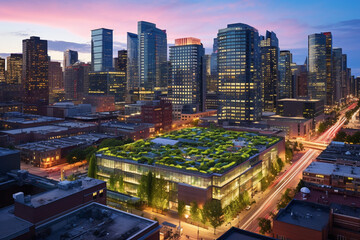 Fototapeta premium The Sustainable Metropolis: A City's Commercial Hub at Twilight, Each Building a Glowing Beacon of Sustainability with Lush Green Roofs