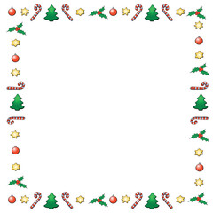 Vector frame of candy canes, stars, Christmas trees, holly berries. New year Xmas background, border for winter holidays decor, greeting cards