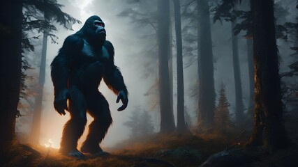 Big gorilla or Bigfoot in the forest. - obrazy, fototapety, plakaty