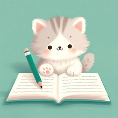 kitten writing, story book, kids story, pastel pink shade, solid background