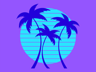 Retro futuristic palm trees in 80s style at sunset. Summer time, palm trees on the background of the sun, synthwave style. Design for advertising brochures and banners. vector illustration