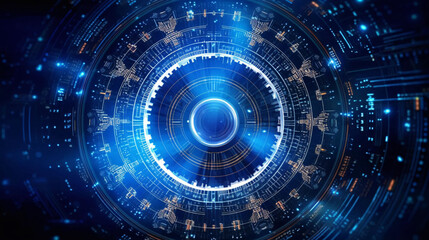 Fototapeta premium Round blue neon technology high tech dark background, abstract graphic digital futuristic concept design