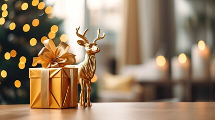 Luxury Gold deer miniature figure with gift box on the table AI Generative - obrazy, fototapety, plakaty