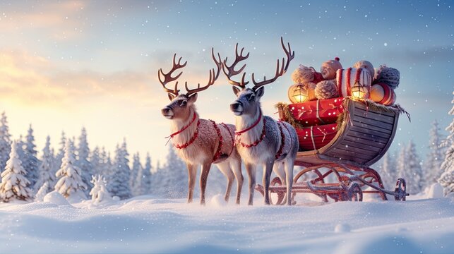 Santas sleigh pulled by reindeers with gift boxes on the winter background AI Generative