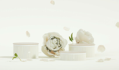 3D podium display, white background with rose flowers. Peonies flower and palm leaf shadow. Minimal pedestal for beauty, cosmetic product. Valentine, feminine copy space template 3d render	