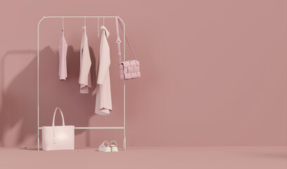 Clothes hanging on a rack, table makeup and armchair on pink background. Creative composition. Light background with copy space. 3D render for web page, presentation, studio, store fashion	