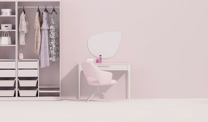 Clothes hanging on a rack, table makeup and armchair on pink background. Creative composition. Light background with copy space. 3D render for web page, presentation, studio, store fashion	