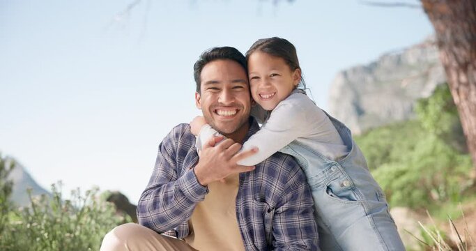 Love, hug and face of father with girl child in nature for hiking, fun and adventure together. Freedom, happy family and portrait of excited kid embracing parent in a forest for journey and explore