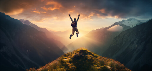 Happy man lifts his arms and jumps on the mountaintop - Successful hiker celebrates success on the cliff - Lifestyle concept and young man climbing on the forest trail - obrazy, fototapety, plakaty