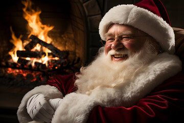 Obraz premium Portrait of a modern Santa Claus with a long white beard, red cap, smiling against a blurred fireplace