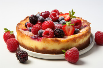 Delicious cheesecake topped with assortment of fresh berries and juicy raspberries. Perfect for any dessert table or special occasion.