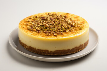 Delicious cheesecake served on plate, topped with crunchy nuts. Perfect for dessert or special occasions.