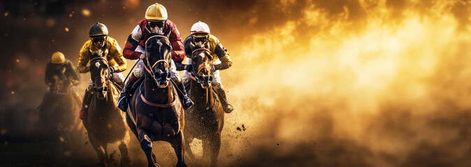 Horse racing, Illustration of Jockeys fighting to take the lead in the last curve, Jockeys on their horses during horse racing, with copy space - obrazy, fototapety, plakaty