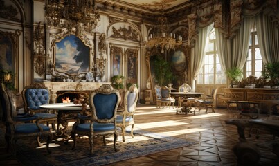 Fototapeta na wymiar Photo of a beautifully decorated room with a grand chandelier and elegant furniture