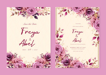 Pink and purple violet rose artistic wedding invitation card template set with flower decorations