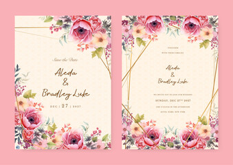 Colorful colourful poppy luxury wedding invitation with golden line art flower and botanical leaves, shapes, watercolor