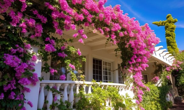 Photo of a white house adorned with vibrant pink flowers
