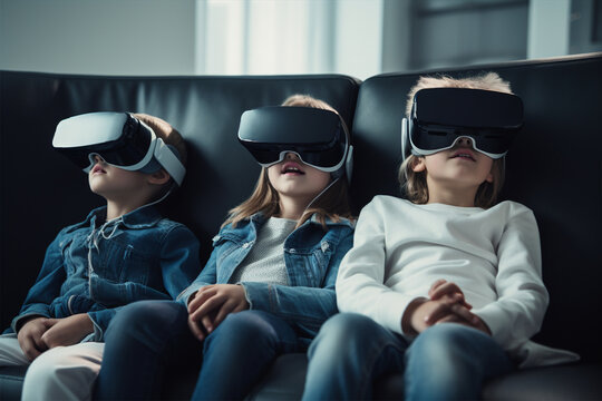 Group of children on the sofa wearing virtual reality glasses