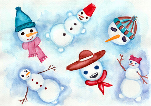 Set of different snowmen. Portraits and full. Various accessories. Caps, hats, scarves, carrots, twigs. Snowman in the image of cowboy. Watercolor. Different colors and shades. Blue blurred background