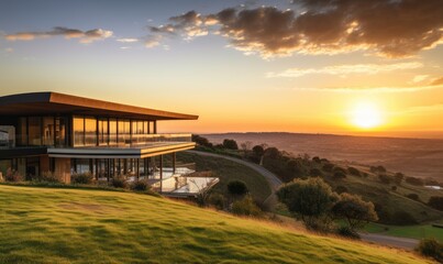 Photo of a beautiful house on a hill with a stunning sunset backdrop