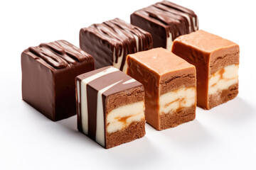 Group of four pieces of chocolate arranged neatly on white surface. Perfect for food photography or...