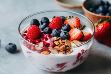 Delicious bowl of yogurt topped with colorful assortment of fresh berries and crunchy nuts. Perfect for healthy breakfast or snack.