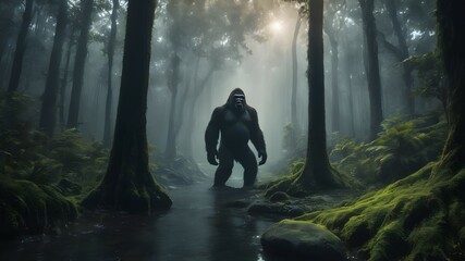 Big gorilla or Bigfoot in the forest - obrazy, fototapety, plakaty