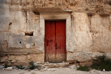 Fototapeta na wymiar Image of red door in old stone building. This picture can be used to represent architecture, history, or sense of mystery and intrigue. Ideal for website banners, blog posts, or travel brochures.
