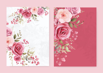 Pink rose wedding invitation card template with flower and floral watercolor texture vector