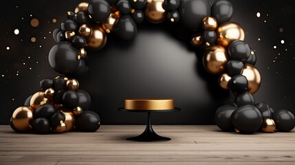Obraz na płótnie Canvas Luxury black gold podium product mockup with balloon on glitter backgroundAI Generative
