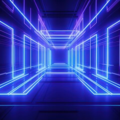 Empty futuristic illuminated corridor with neon light background. AI generated image