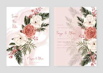Red and white rose and peony luxury wedding invitation with golden line art flower and botanical leaves, shapes, watercolor
