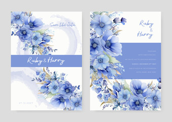 Blue poppy beautiful wedding invitation card template set with flowers and floral