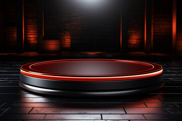 Fototapeta na wymiar Ai Generated photo red light round podium and black background for mock up realistic image