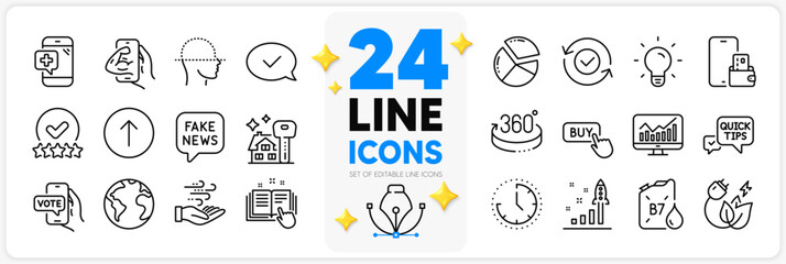 Icons set of Face scanning, Buying house and Buy button line icons pack for app with Pie chart, Time, Medical phone thin outline icon. Fake news, Phone wallet, Statistics pictogram. Vector