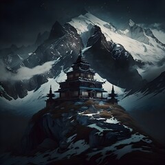 tibetan monestary ontop of highest himalayan mountains beathtaking literally  - obrazy, fototapety, plakaty