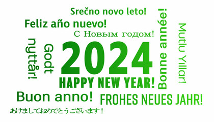 Illustration of a word cloud with the message happy new year in green over white background and in different languages - represents the new year 2024.