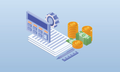 Clothes stands near a calculator and a table with data on a sheet of paper, an accountant and a financial report.on blue background.3D design.isometric vector design Illustration.