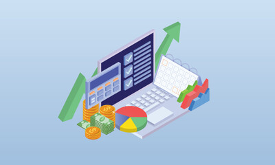 Business analysis concept review with concept letters, opportunity documents, graphics and audits. Financial budget, economic analysis.on blue background.3D design.isometric vector design Illustration
