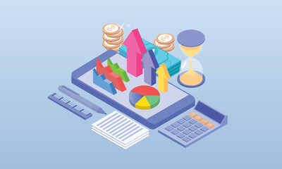 Business Finance Graphic Analytics Concept.on blue background.3D design.isometric vector design Illustration.