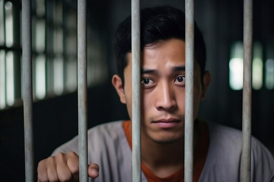 An Asian prisoner in a cell behind bars. Young man in prison. Despair, sadness and loneliness of the person who committed the crime.